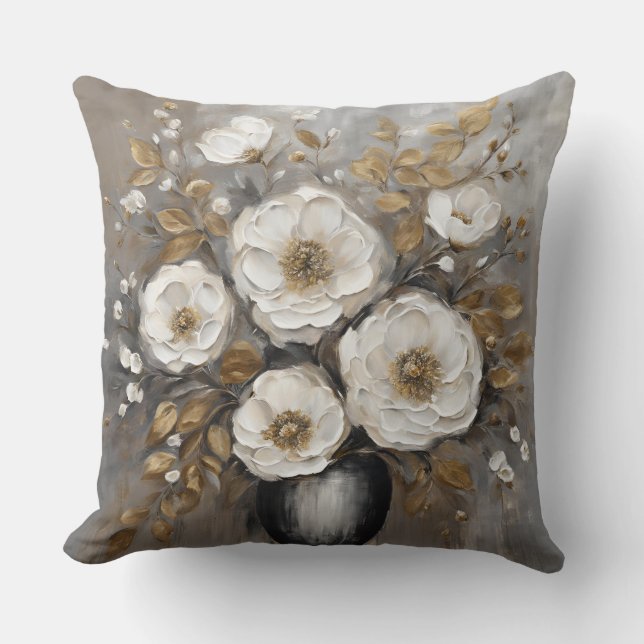 Almofada Buquê Floral Cinza Dourado Preto Branco (Frente)