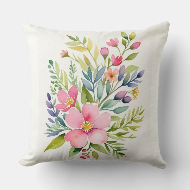 Almofada Buquê Floral de Aquarela do Jardim Azul (Frente)