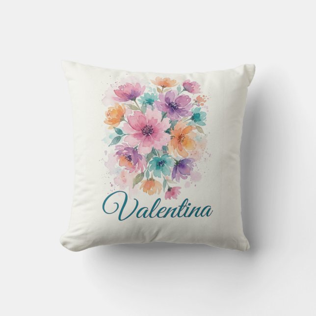 Almofada Buquê Floral Personalizado em Aquarela Nome no Cob (Frente)