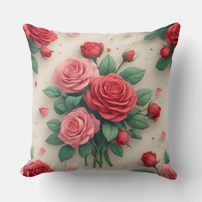 Almofada Buquês Elegantes de Rosas Rosa e Vermelha (Frente)
