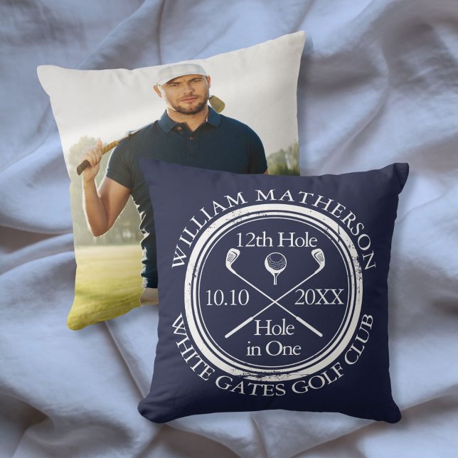 Almofada Buraco de Golfe Personalizado em Azul de Marinho d (Custom Golf Hole in One Photo Navy Blue Throw Pillow)