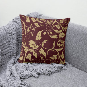 Almofada Burgundy Antique Gold Retro Leaf Swirl