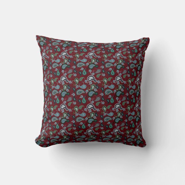 Almofada Burgundy e Aqua Boho Paisley Travesseiro decorativ (Frente)