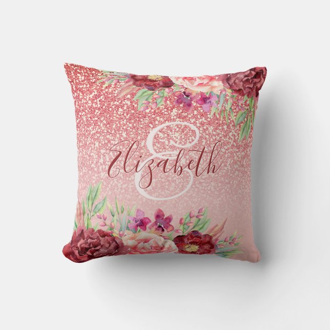 Almofada Burgundy Floral Rosa Dourado Glitter Personalizado (Frente)