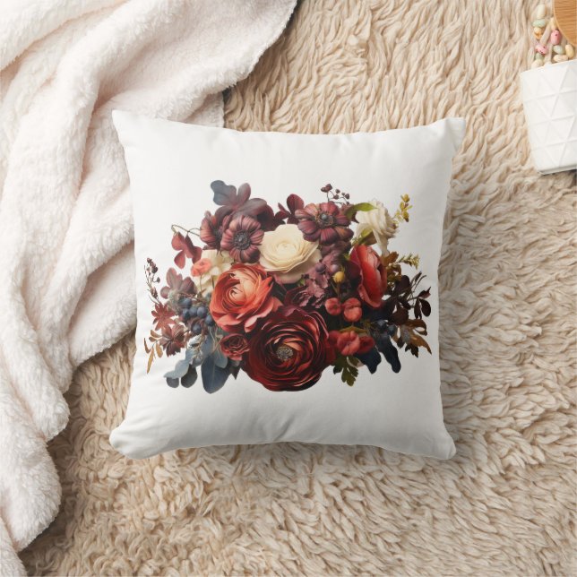 Almofada Burgundy Marrom Coral Branco Floral Temperamental (Cobertor)