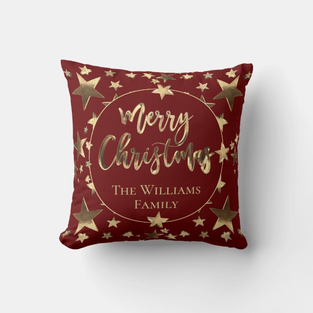 Almofada Burgundy Red Elegant Dourado Script Feliz Natal (Frente)
