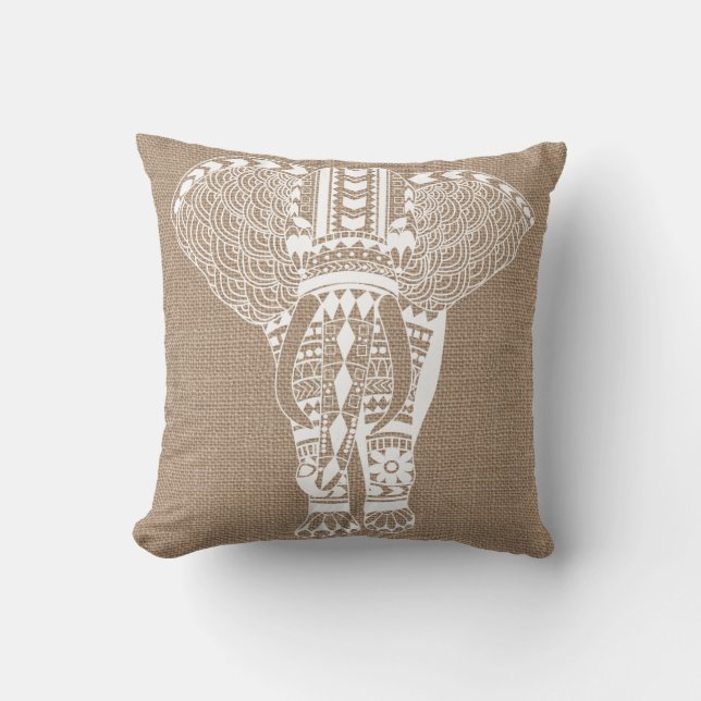 Almofada Burlap, Elefante Tribal Branco, FAUX (Frente)