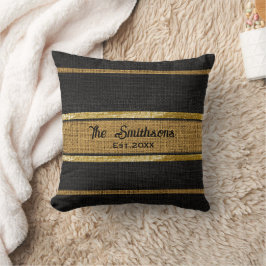 Almofada Burlap Rustic Brown Black Dourado Nome Da Família 