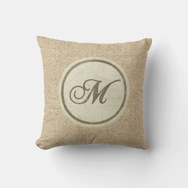 Almofada Burlap rustic letter M travesseiro decorativo (Frente)