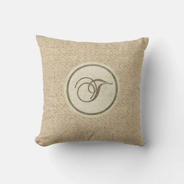 Almofada Burlap rustic letter T travesseiro decorativo (Frente)