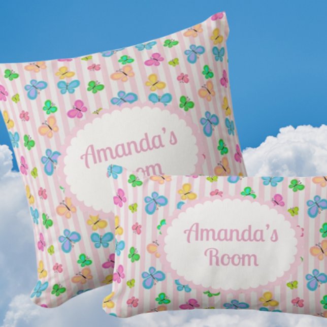 Almofada Butterfly Dreams Personalized Pink Stripe  (Personalize these sweet pillows for someone special!)