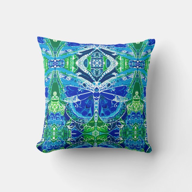 Almofada Butterfly e Medallion Batik Padrões em Azul (Frente)