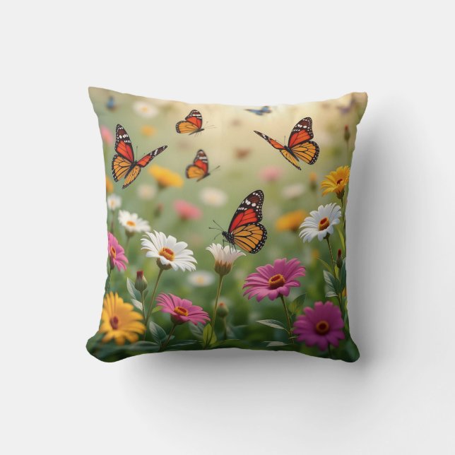 Almofada Butterfly Meadow Seamless Pattern Vibrant Flowers (Frente)