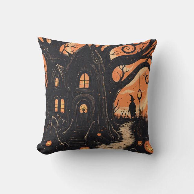 Almofada Cabana da Bruxa Árvore Retorcida Halloween Sinistr (Frente)