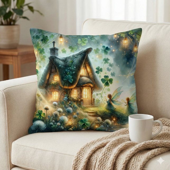 Almofada Cabana de Fada Trevo Brilhante (Shamrock Fairy Cottage Glow Throw Pillow Mockup A)