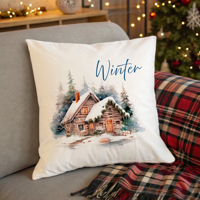 Almofada Cabana de Inverno e Veado na Floresta Nevada (Winter Cottage and Deer in Snowy Forest Throw Pillow)