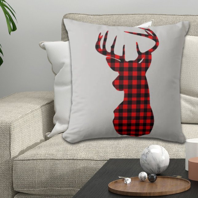 Almofada cabana rústica veado natal xadrez búfalo vermelho (country cabin red buffalo plaid christmas deer throw pillow)