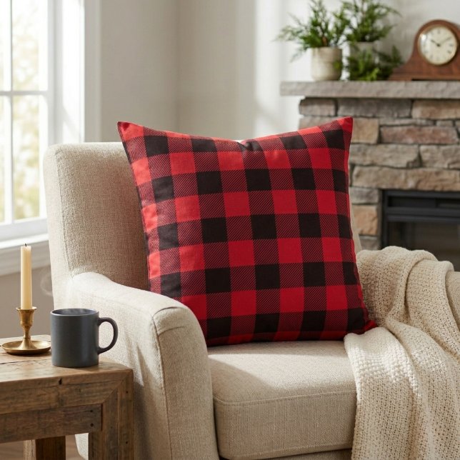 Almofada Cabana Rústica Xadrez Búfalo Vermelho e Preto (Rustic Cabin Red and Black Buffalo Plaid Throw Pillow)