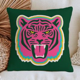 Almofada Cabeça de Tigre Rugindo Rosa Funky Maximalista Gat
