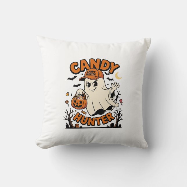 Almofada Caçador de Doces Halloween Fantasma Abóbora Balde_ (Frente)