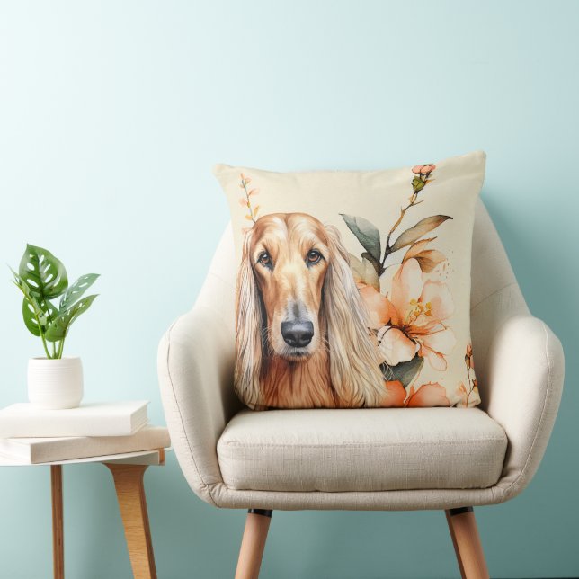 Almofada Cachorro Afghan Hound e Lírios de Pêssego (Cadeira)