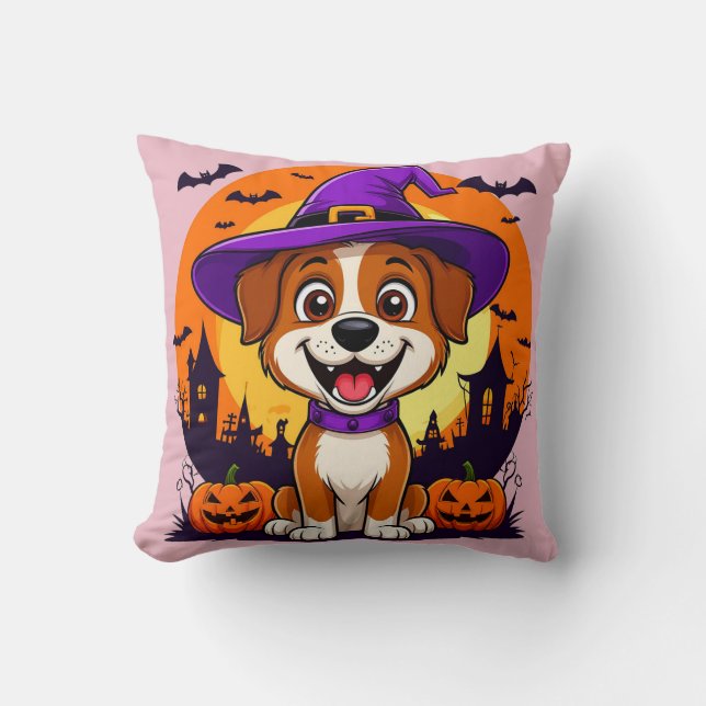 Almofada Cachorro Alegre Disfarçado de Bruxa no Halloween (Frente)