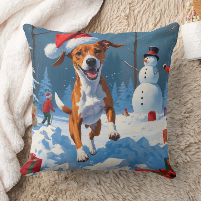 Almofada Cachorro Basenji Brincando na Cena de Inverno (Cobertor)