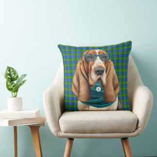 Almofada Cachorro Basset Hound com um Cachecol Azul Monogra