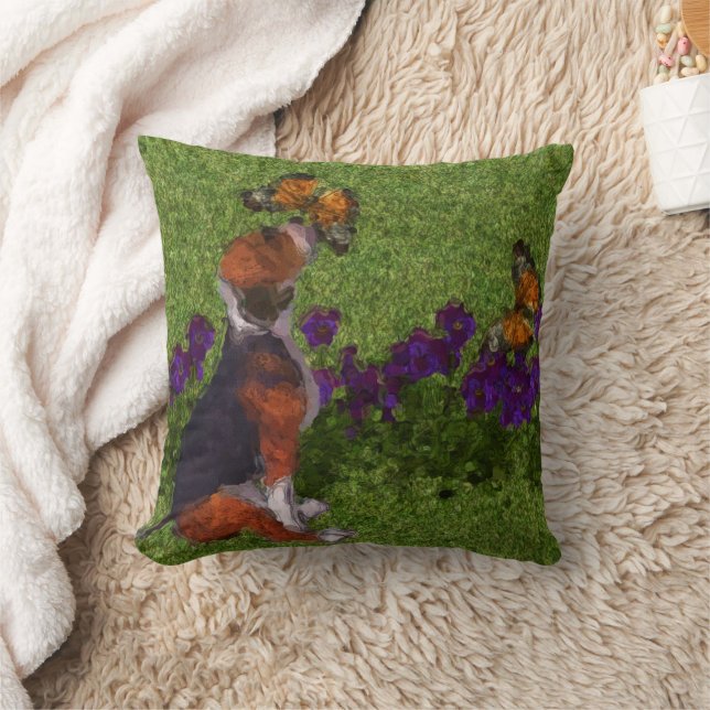 Almofada Cachorro Beagle Borboletas Flores Arte Canina (Cobertor)