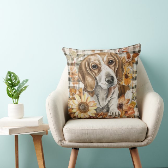 Almofada Cachorro Beagle Outono Aquarela Flores (Cadeira)