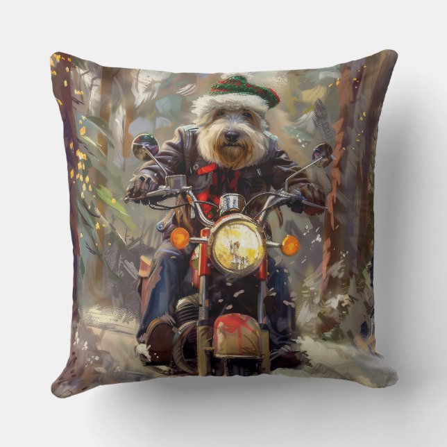 Almofada Cachorro Bernedoodle Pilotando Motocicleta Natal (Verso)