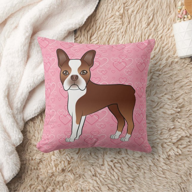 Almofada Cachorro Boston Terrier Vermelho e Branco em Coraç (Cobertor)