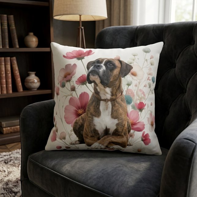 Almofada Cachorro Boxer Tigrado & Flores Silvestres (Criador carregado)