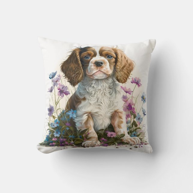 Almofada Cachorro Cavalier Puppy de Aquarela Fofa (Frente)