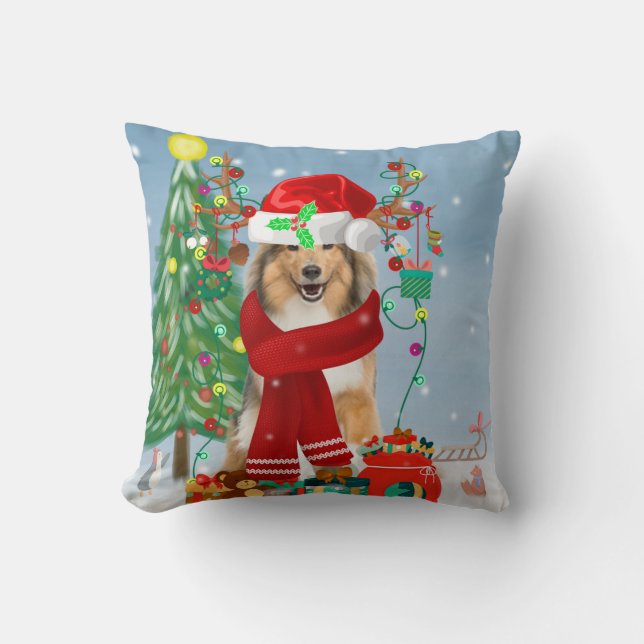 Almofada Cachorro Collie em neve presente de Natal (Frente)