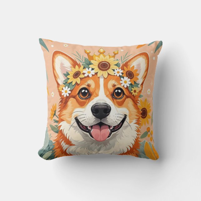 Almofada Cachorro corgi alegre coroa de margaridas e girass (Frente)