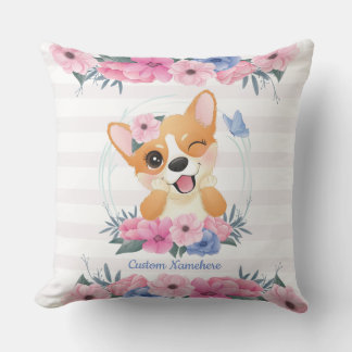 Almofada Cachorro Corgi Fofo Coroa de Flores Borboleta Azul