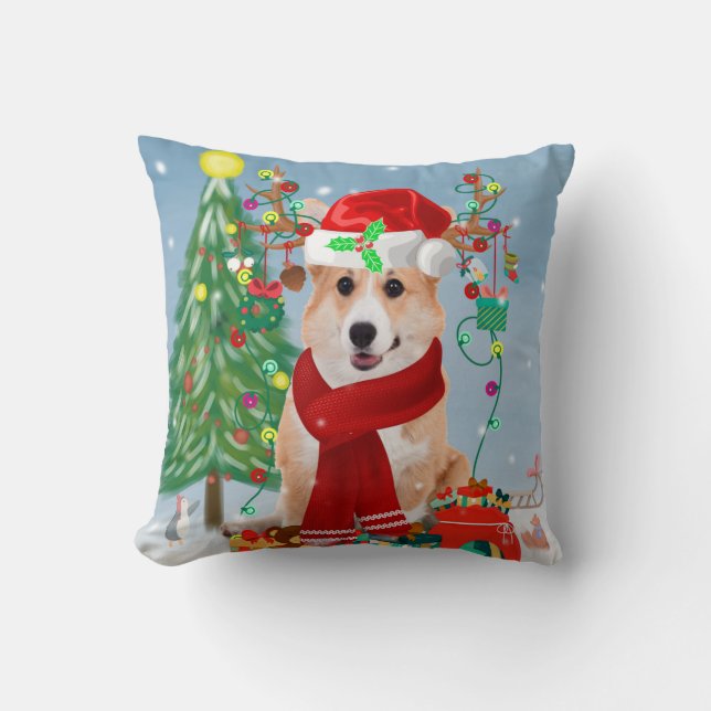 Almofada Cachorro Corgi na Neve com presentes de Natal (Frente)