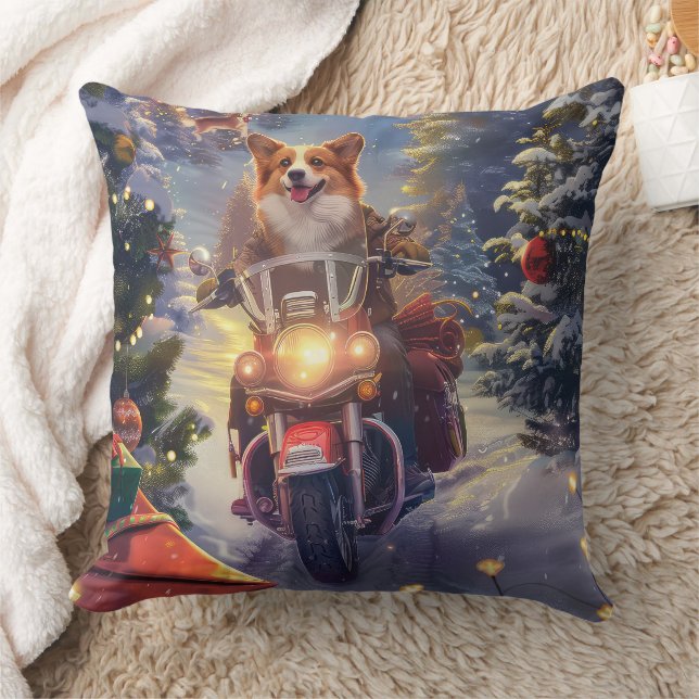 Almofada Cachorro Corgi Pilotando Motocicleta Natal (Cobertor)