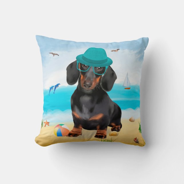 Almofada Cachorro Dachshund na Praia (Frente)