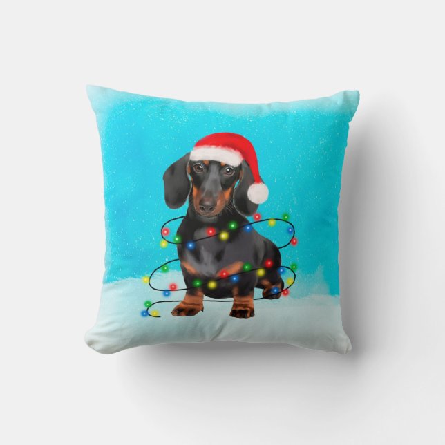 Almofada Cachorro Dachshund nas Luzes de Natal da Neve (Frente)