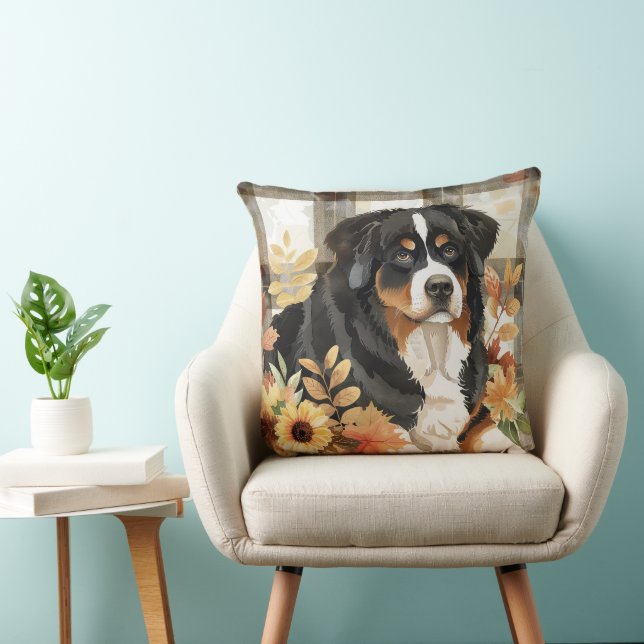 Almofada Cachorro de Montanha Bernese Cai Flores de Aquarel (Cadeira)