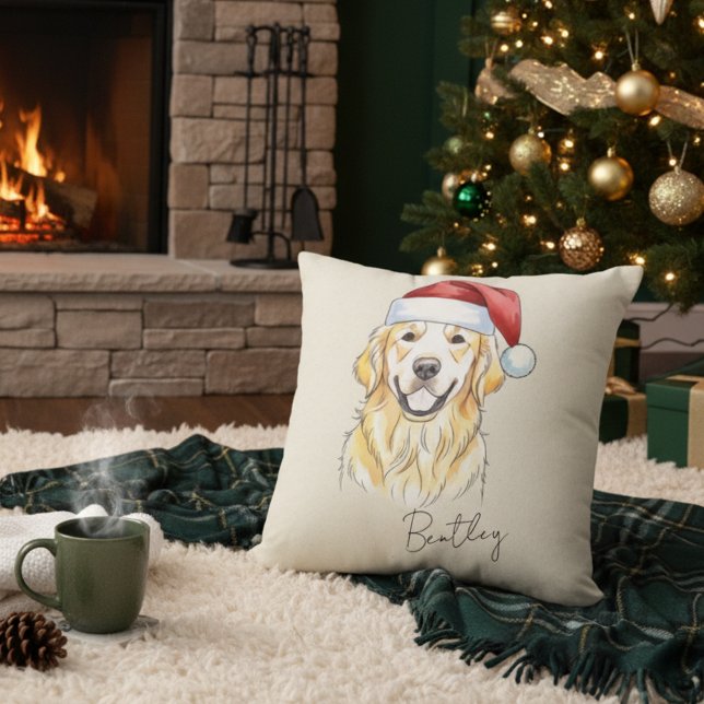 Almofada Cachorro de Retriever de Ouro de Natal Desenho Per (Add a special touch to your home with this custom pet portrait throw pillow! )
