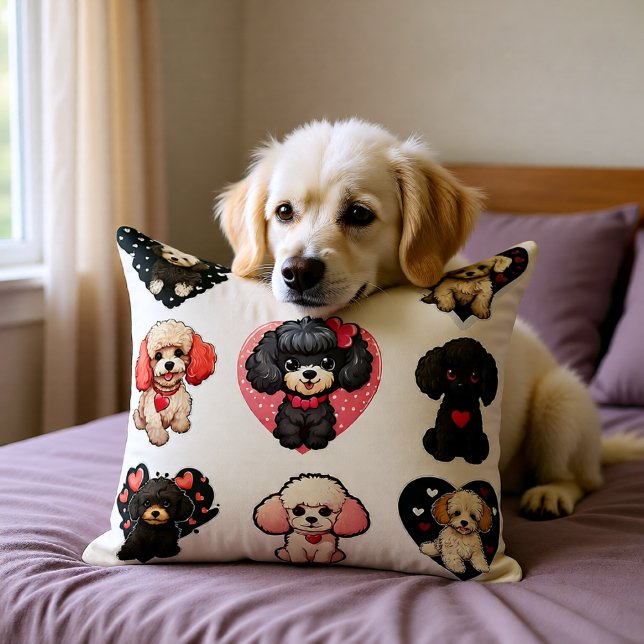 Almofada Cachorro do Poodle do namorados | amantes de cães  (Cute Valentine Poodle Dog Lovers Pink Black Heart Throw Pillow)