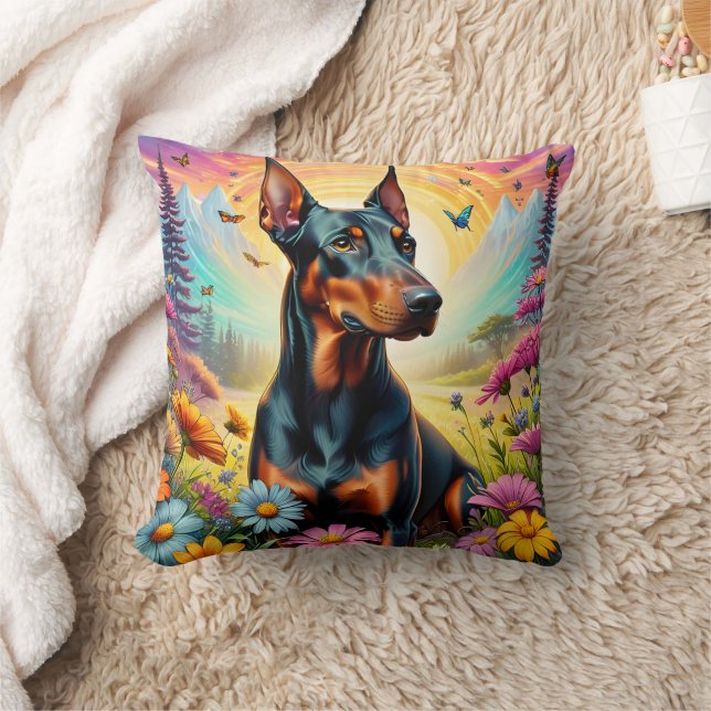 Almofada Cachorro Doberman, Flores E Cena De Montanha (Cobertor)