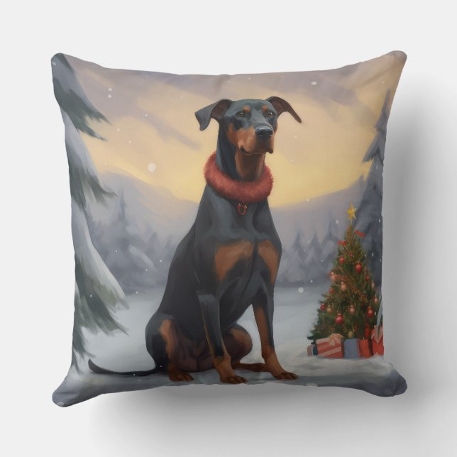 Almofada Cachorro Doberman na Neve Natal (Verso)