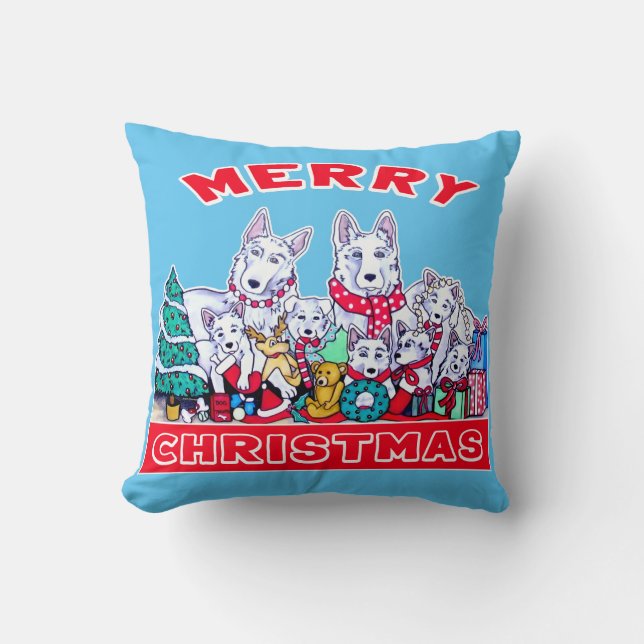 Almofada Cachorro Feliz Natal Feriado Branco Feriado GSD Di (Frente)