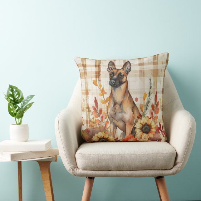 Almofada Cachorro Malinois Belga Queda Aquarela Flores (Cadeira)