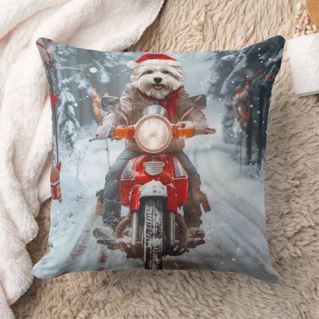Almofada Cachorro Maltês Pilotando Motocicleta Natal (Cobertor)