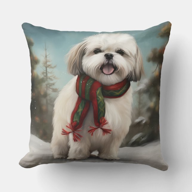 Almofada Cachorro Malti Tzu na Neve Natal (Frente)